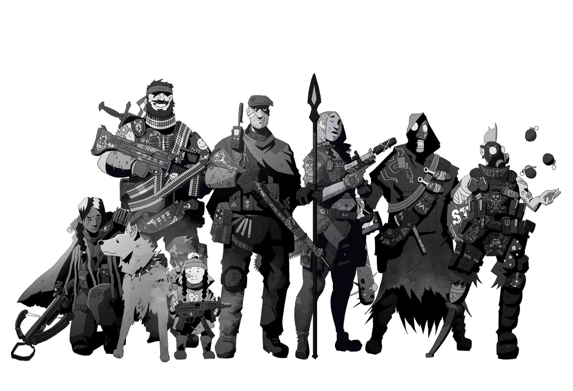 illustration of heroes with guns by @bentobitt.bsky.social